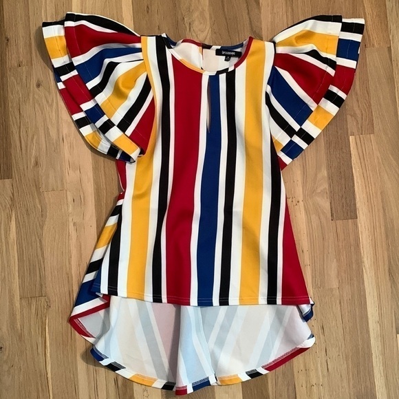 𝅺ups & Downs Low High Blouse Pouf Sleeve Striped Red/Blue/Gold Women’s M - Picture 1 of 14